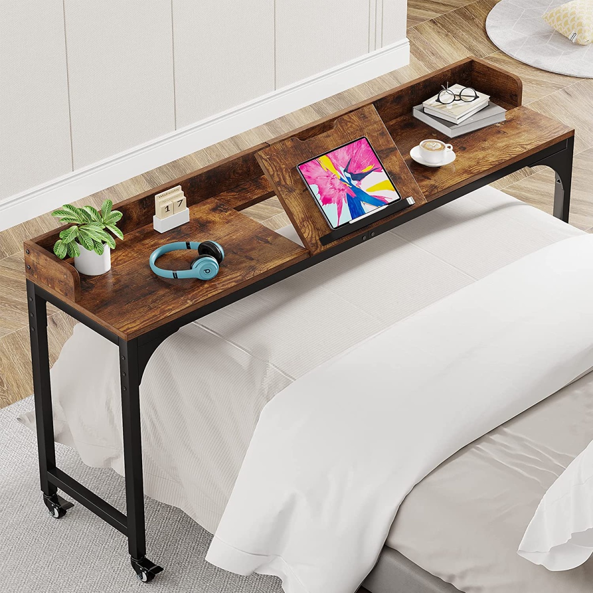 Overbed Table, Mobile Laptop Desk with Adjustable Tilt Board - Image 1