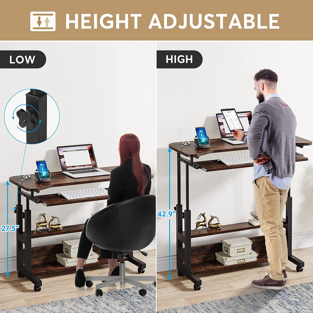 Height Adjustable Desk, Mobile Portable Desk with Wireless Charging Station - Image 6
