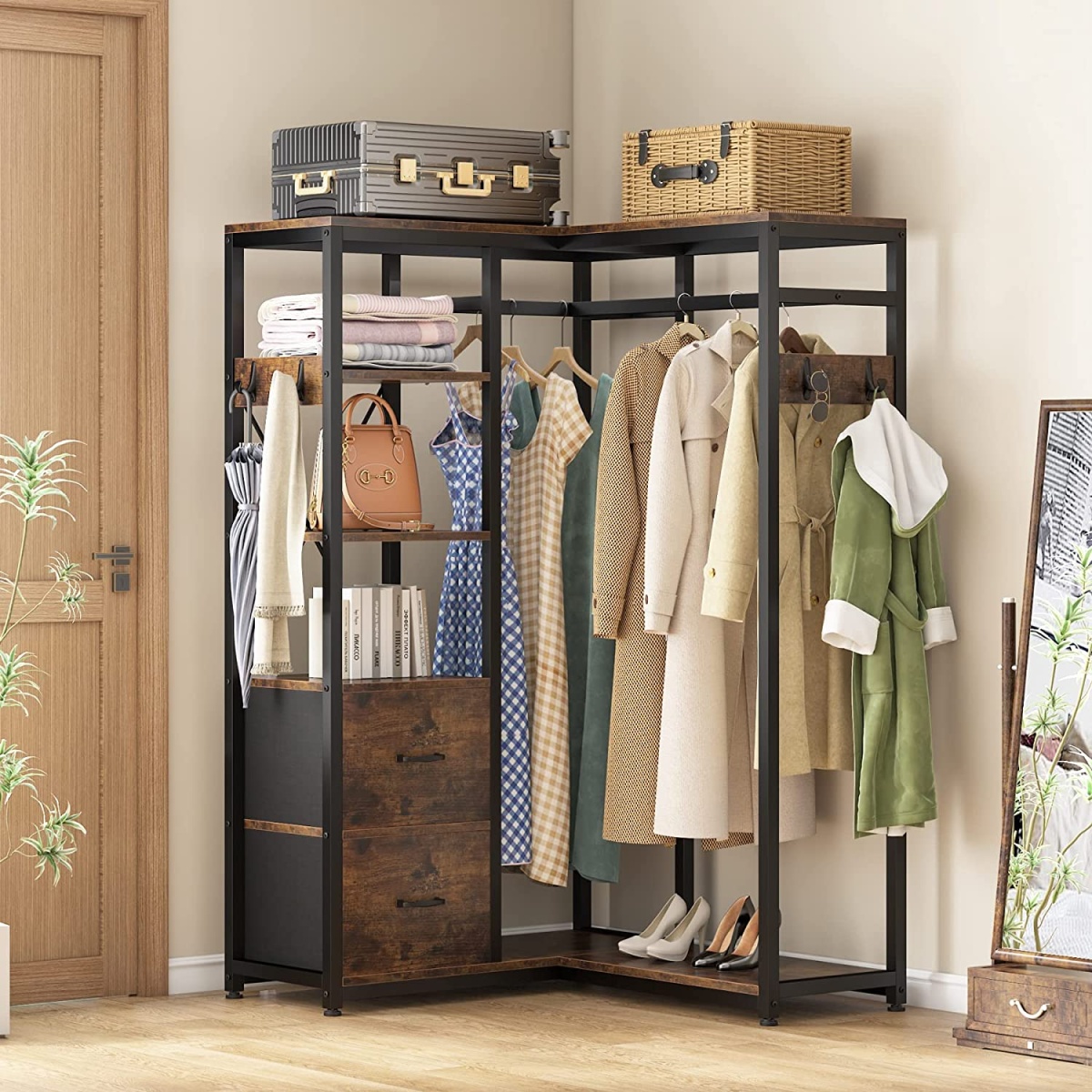L Shaped Garment Rack with Shelves and 2 Fabric Drawers - Image 4