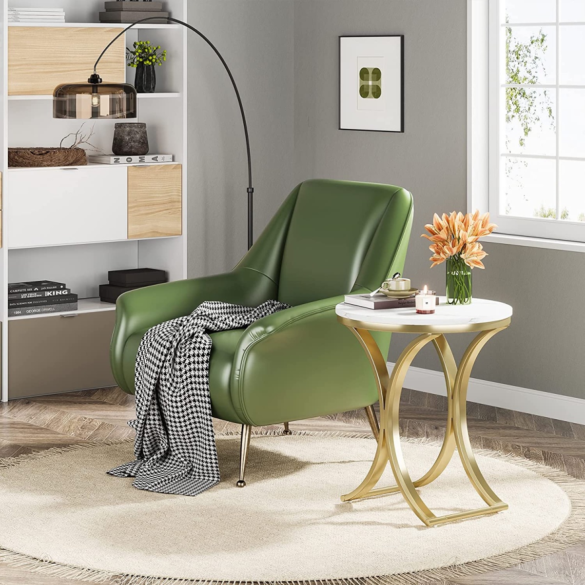 End Table, Round Sofa Side Table Coffee Table with Gold Metal Frame - Image 4