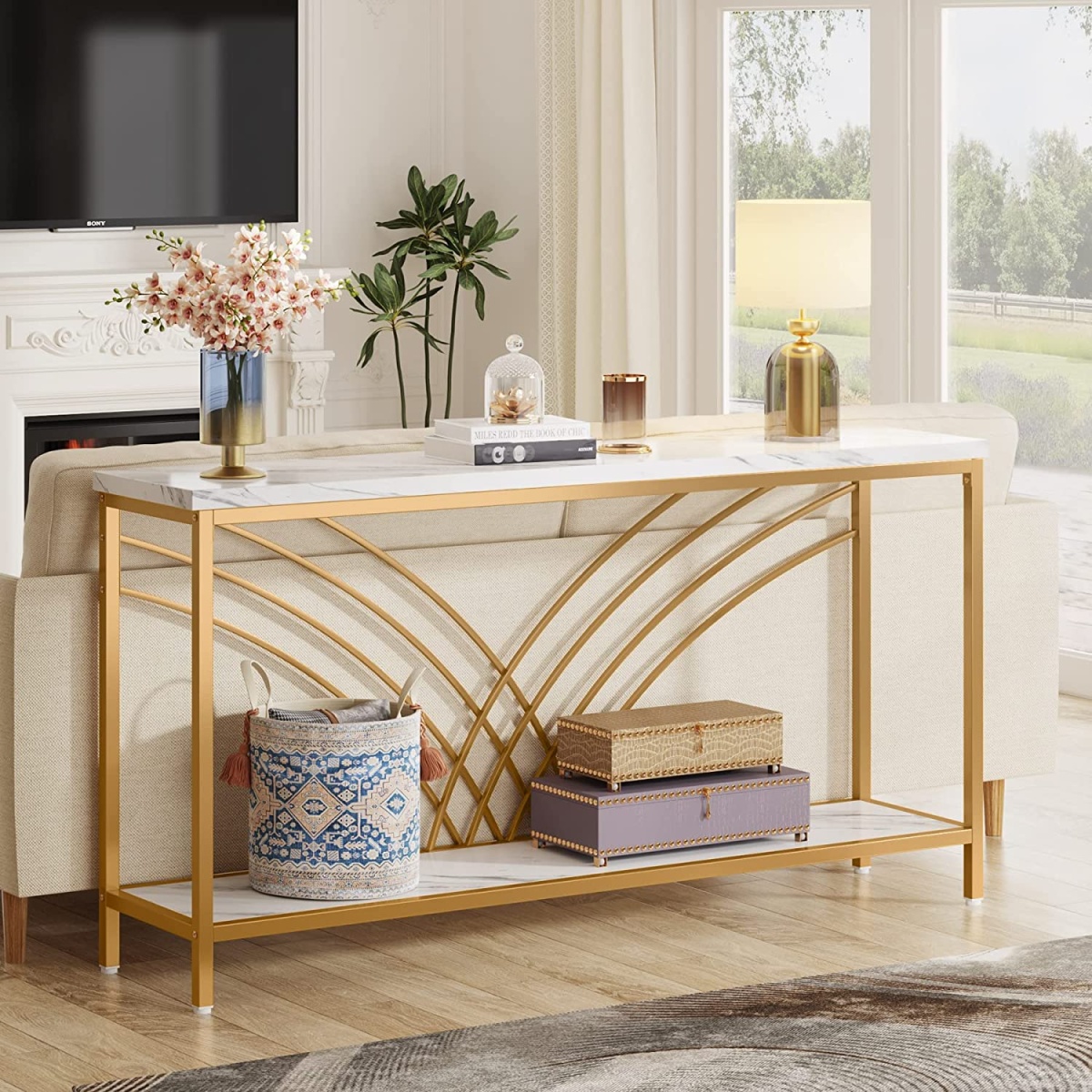 Console Table, 70.9? Faux Marble Entryway Table with 2 Tier Storage Shelf - Image 2