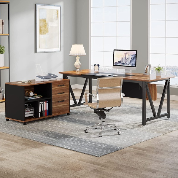 L-Shaped Desk, 70.8? Executive Desk with 35.4? File Cabinet