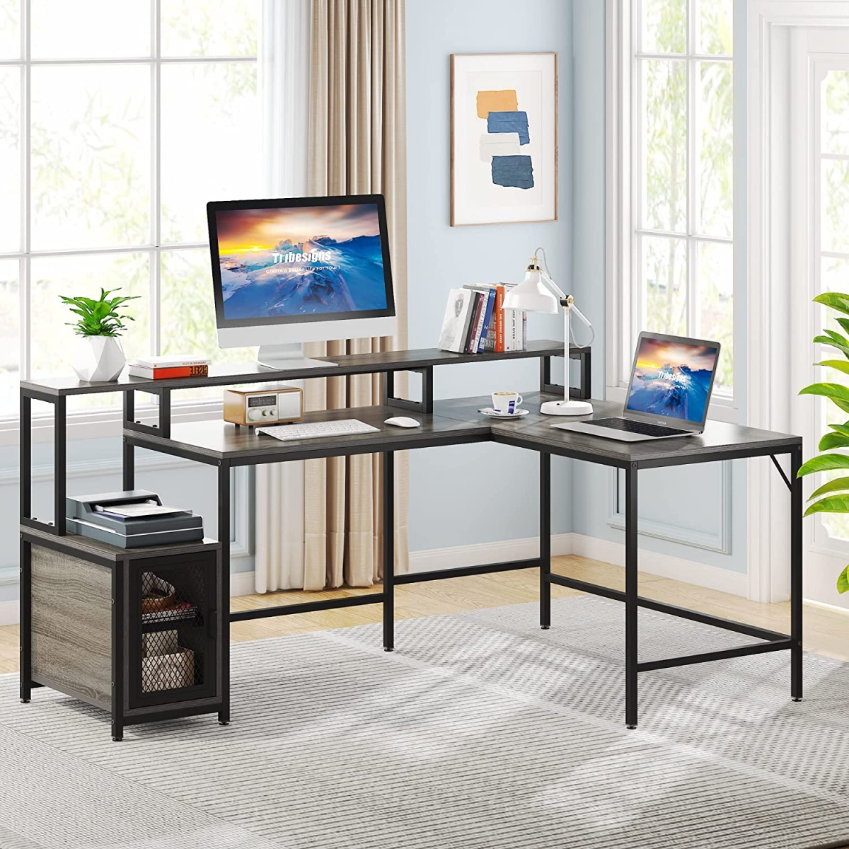 L-Shaped Desk, 70.5? Corner Computer Desk with Shelves & Monitor Stand - Image 1