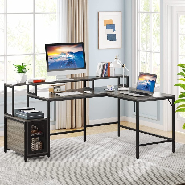 L-Shaped Desk, 70.5? Corner Computer Desk with Shelves & Monitor Stand