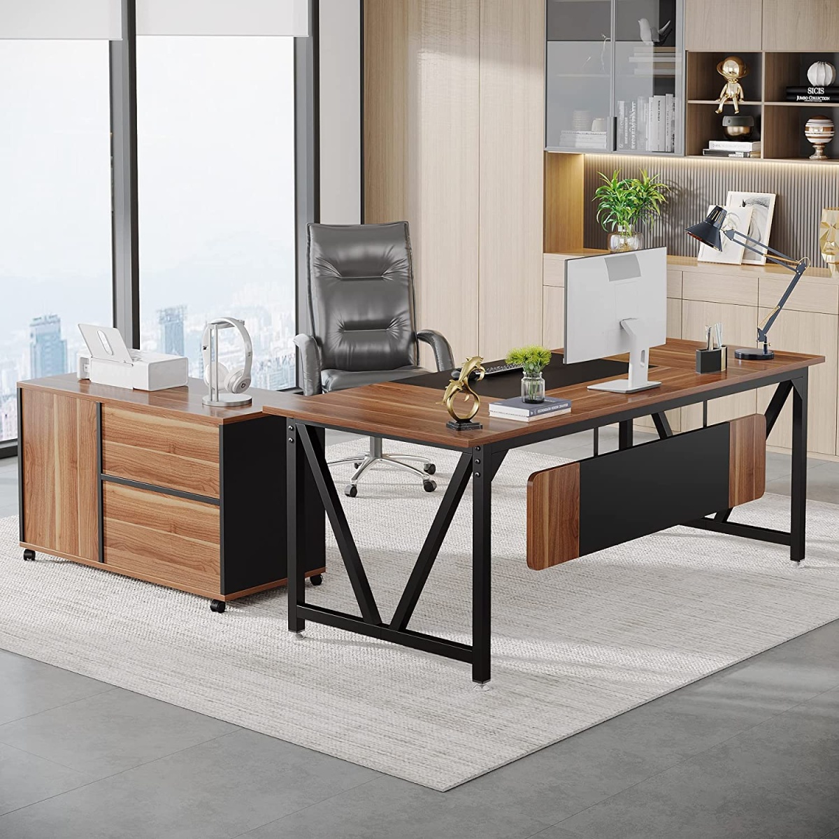 L-Shaped Desk, 70.8? Executive Desk with 35.4? File Cabinet - Image 6