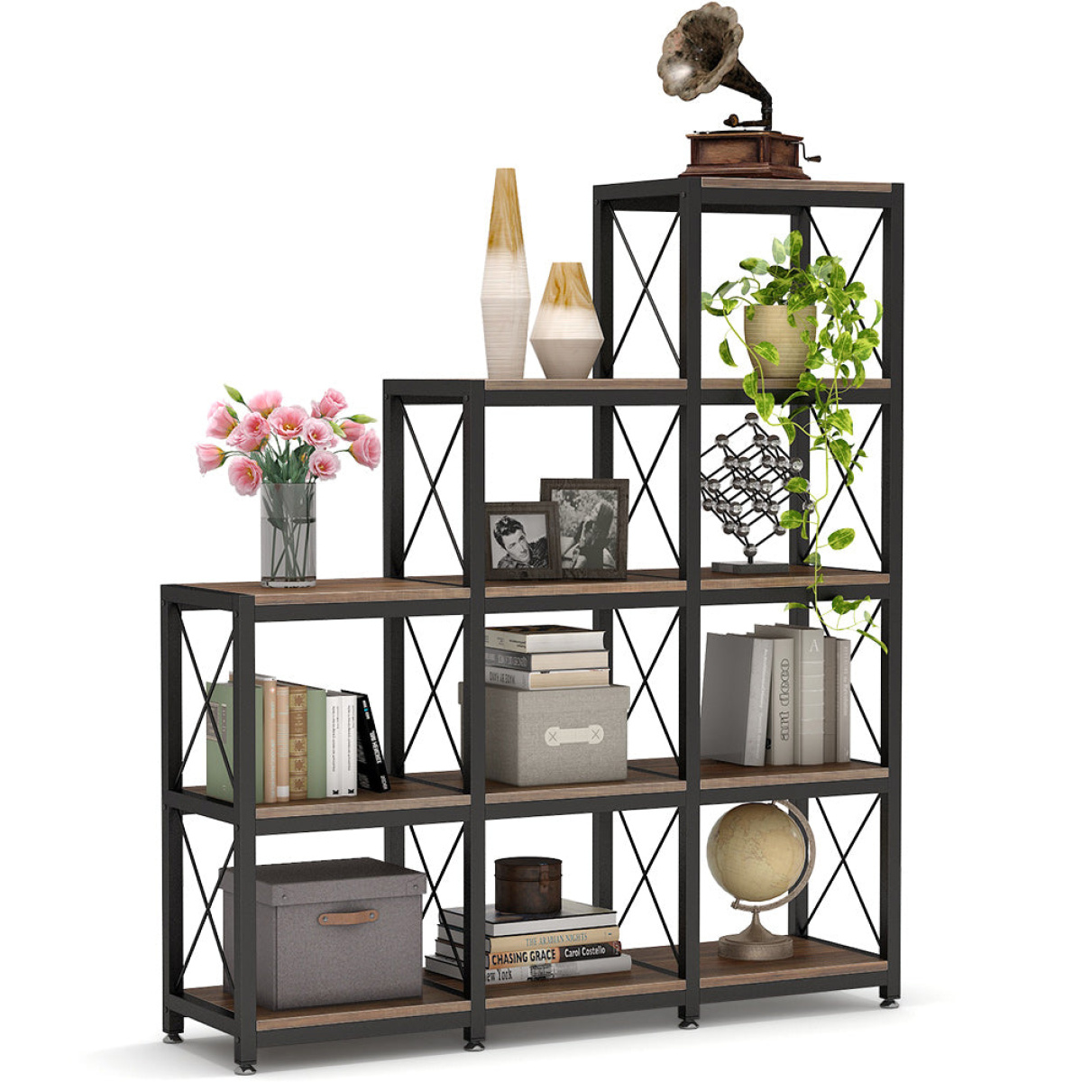 Bookshelf, 12 Shelves Industrial Ladder Etagere Bookcase - Image 1