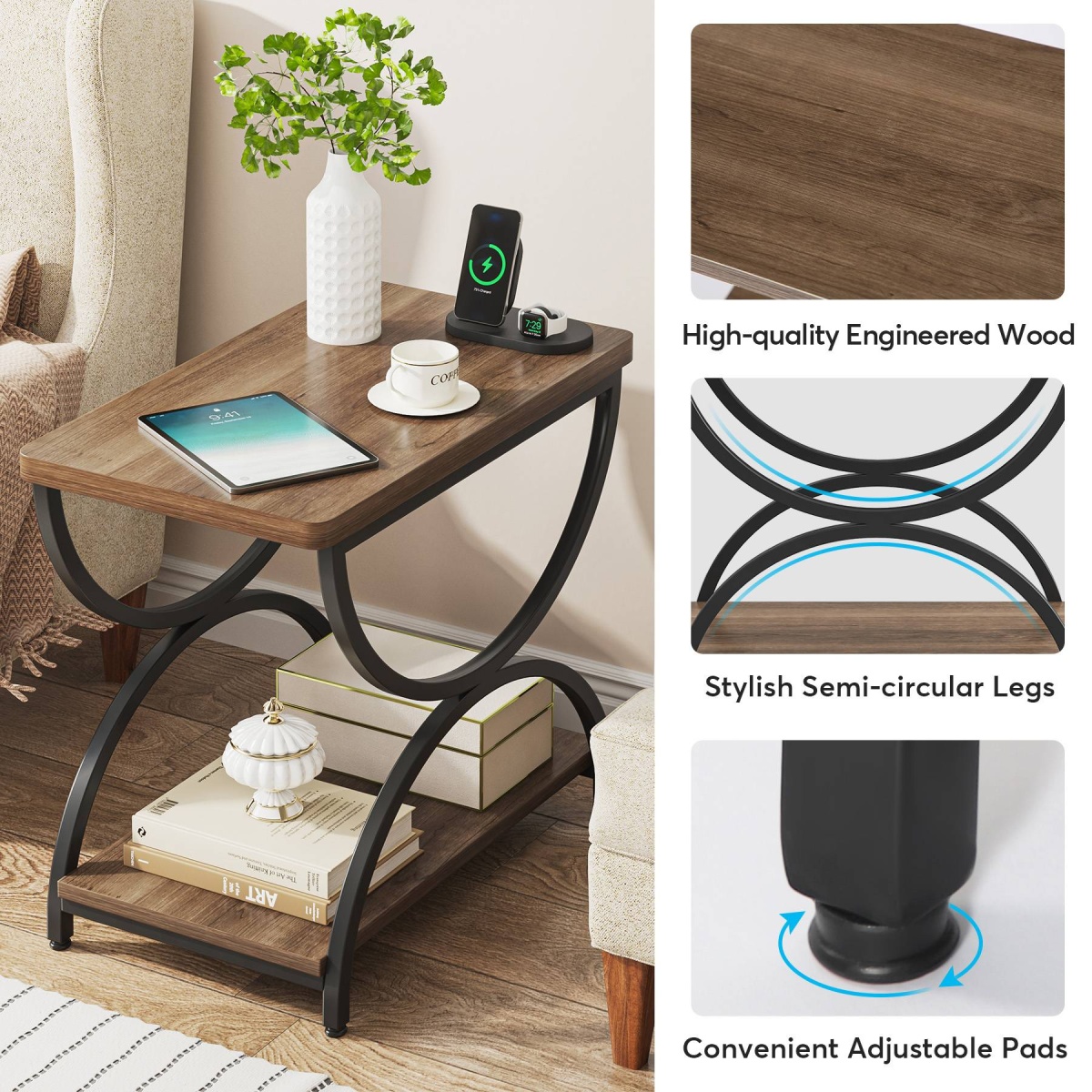 Round End Table, Industrial Side Table with Metal Hollow Frame - Image 95