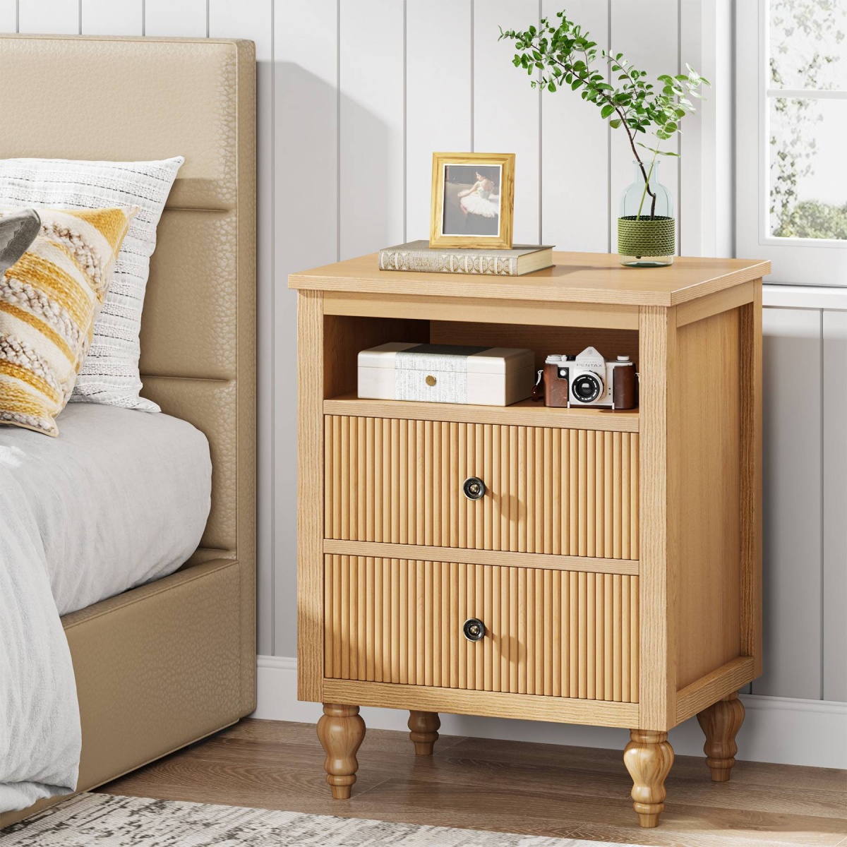 Nightstand, 2 Drawers Sofa Side Table with Open Storage Space - Image 1