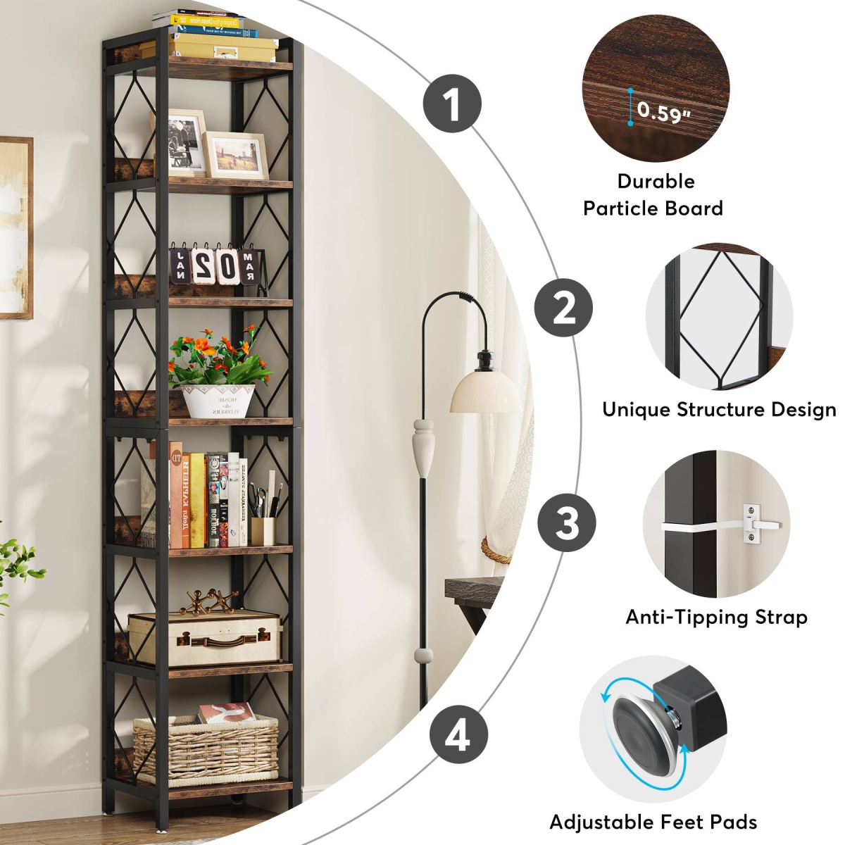 Corner Shelf, 78.7? Narrow Bookshelf 7 Tier Corner Bookcase - Image 7