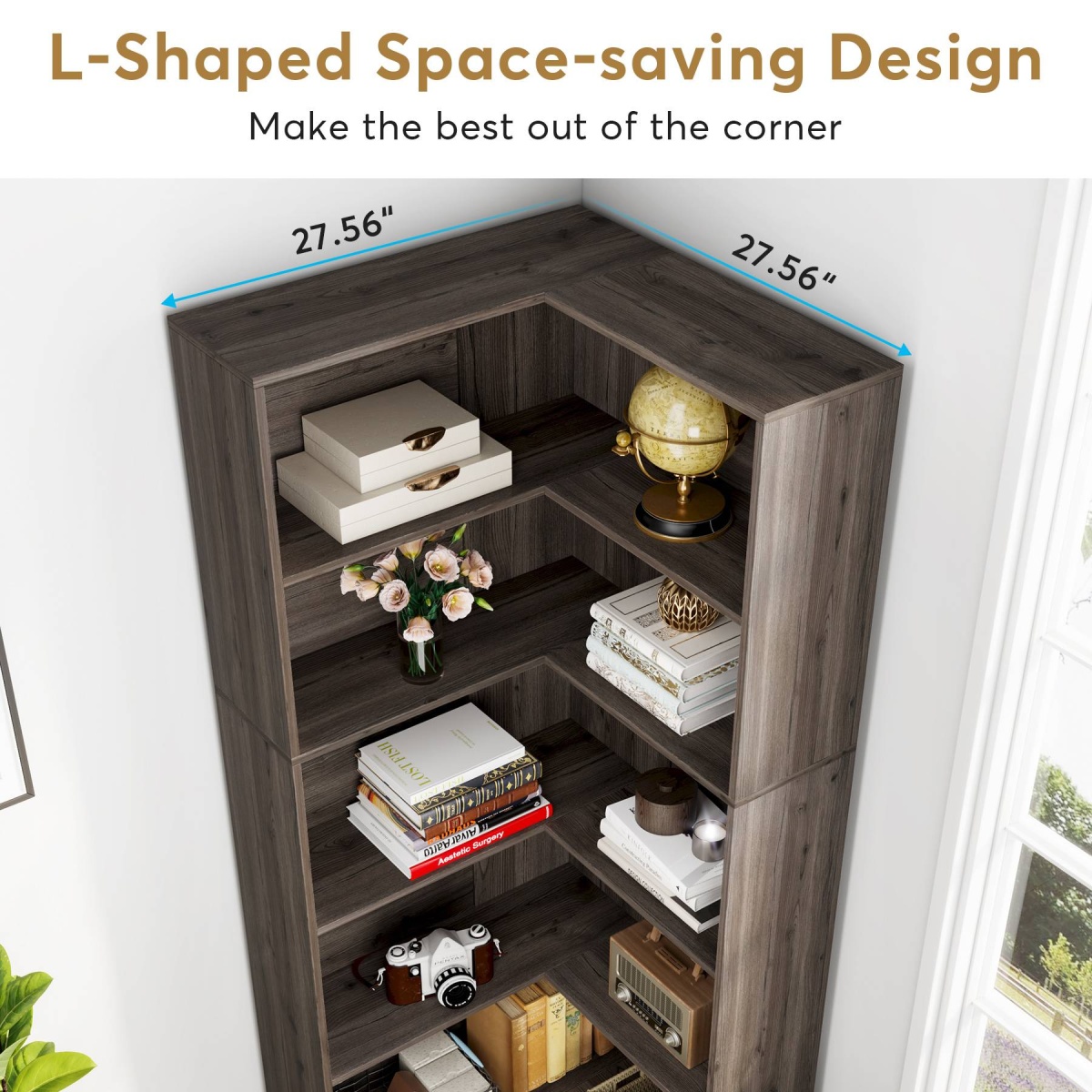 Corner Bookcase, 71 inch 6-Tier L-Shaped Etagere Bookshelf - Image 6