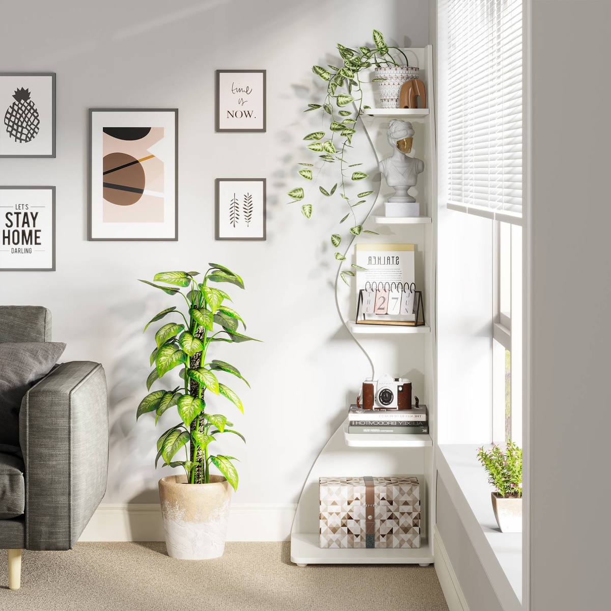 Corner Shelf, Modern 5-Tier Wall Corner Bookshelf Bookcase - Image 5