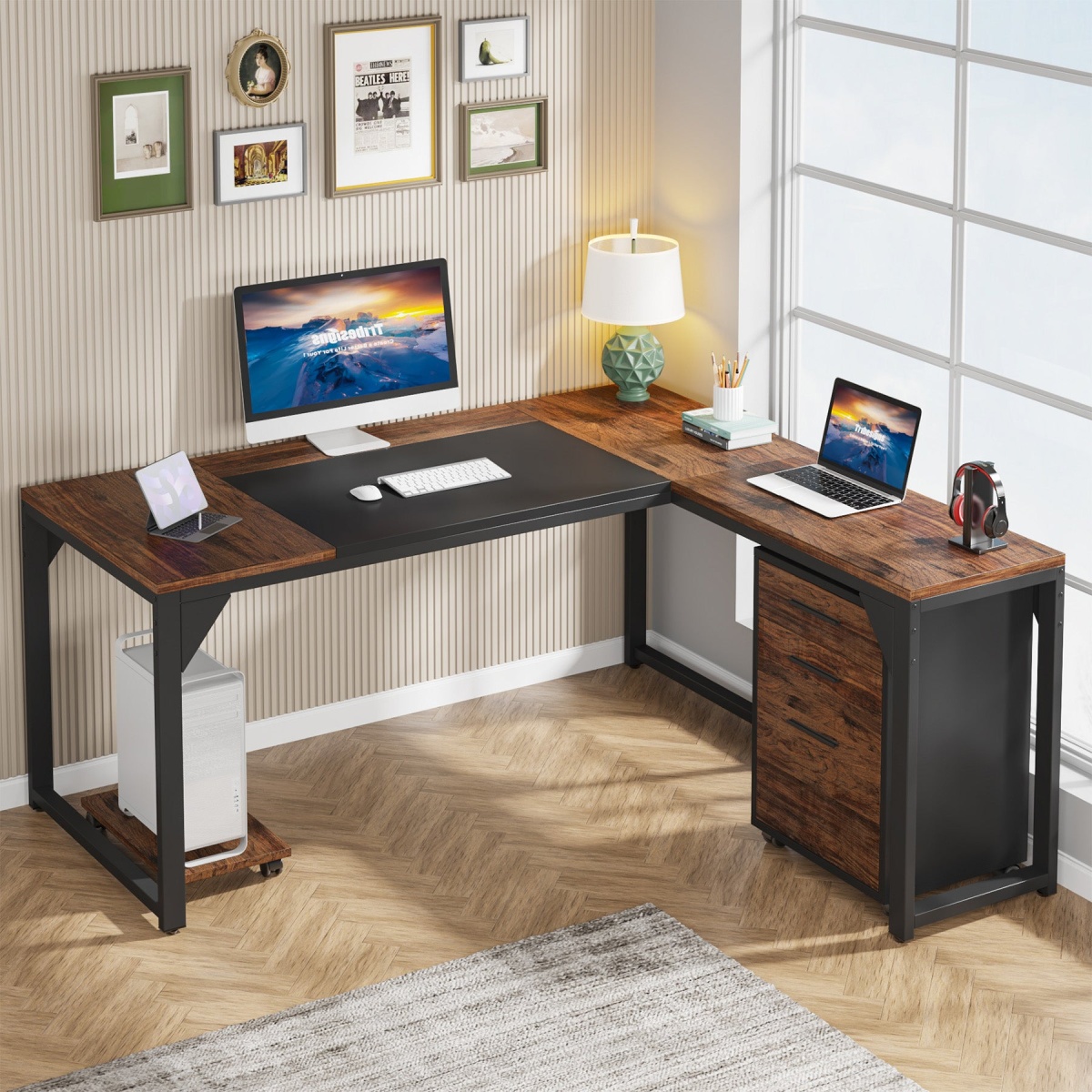 L-Shaped Desk, 63? Executive Computer Desk with Mobile File Cabinet - Image 4
