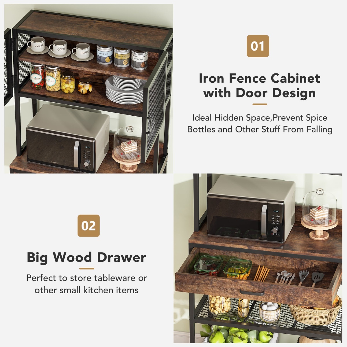 Kitchen Baker?s Rack, Microwave Oven Stand with Hutch and Drawer - Image 6