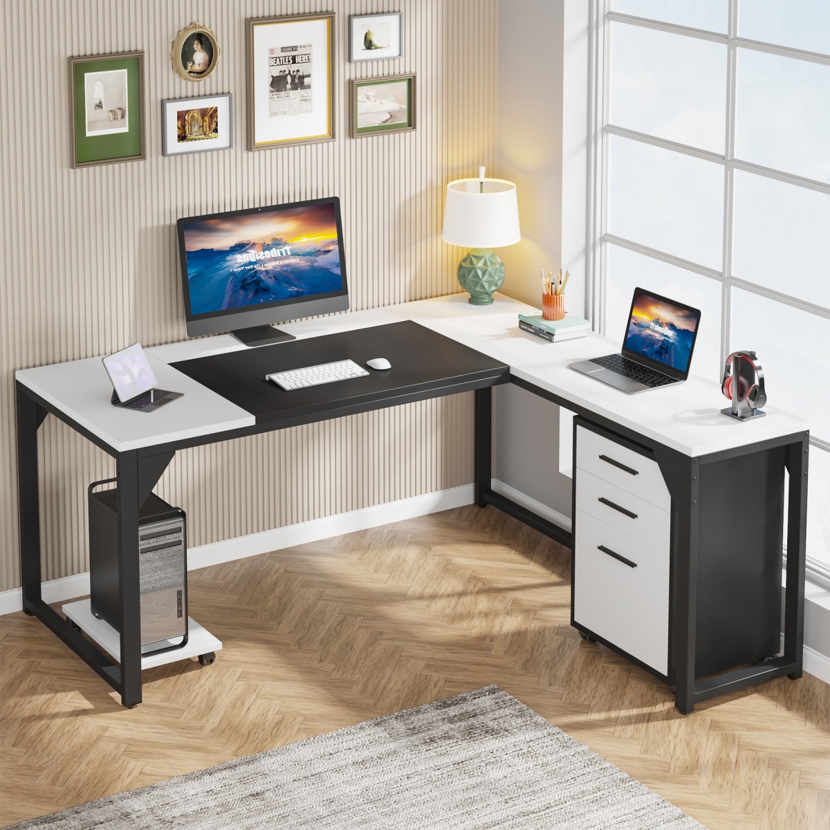 L-Shaped Desk, 63? Executive Computer Desk with Mobile File Cabinet - Image 9