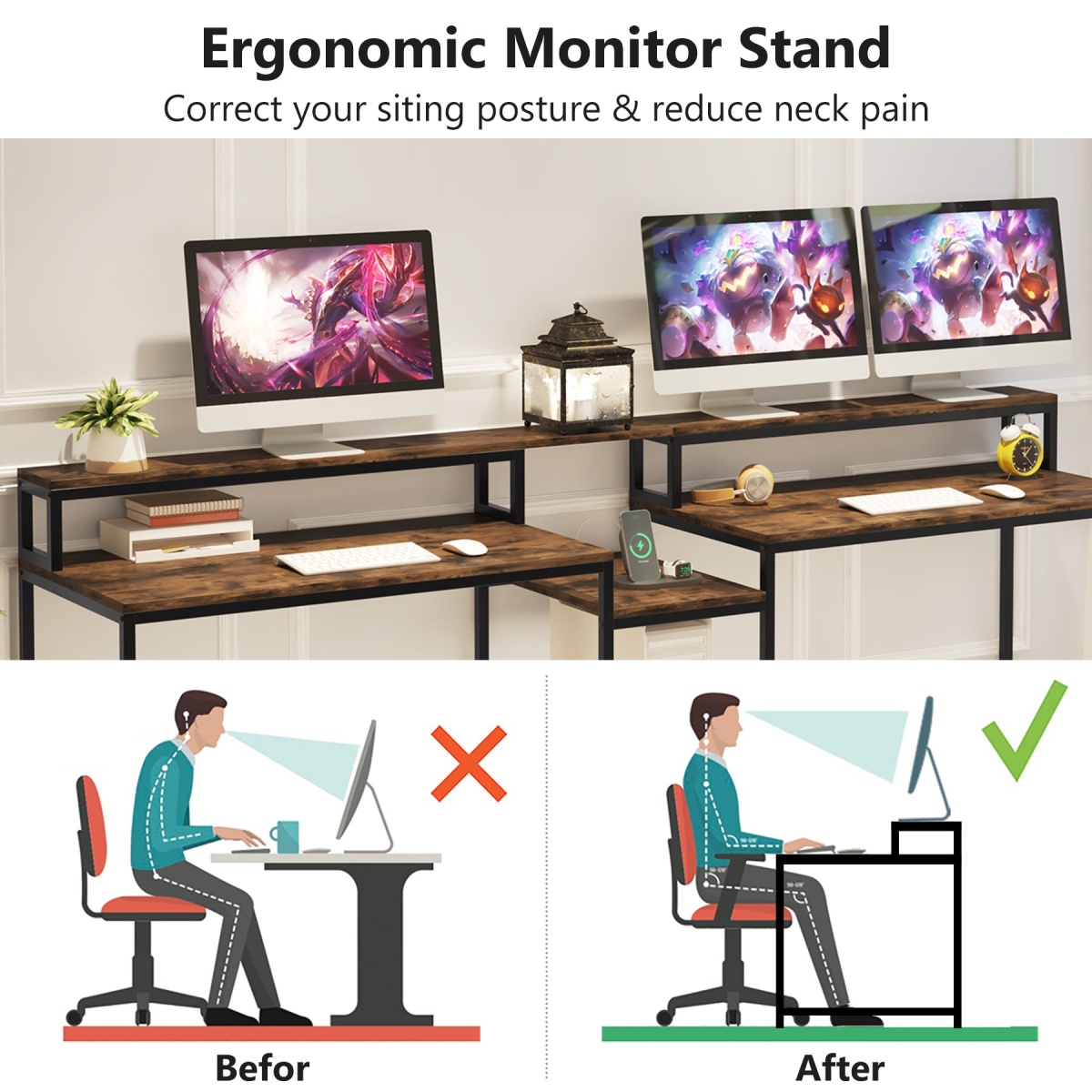 Two Person Desk, 93? Double Computer Desk With USB Ports & Power Outlet - Image 7