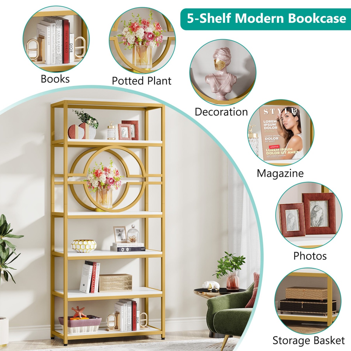 Bookshelf, 6-Tier Etagere Bookcase Freestanding Storage Shelf - Image 8