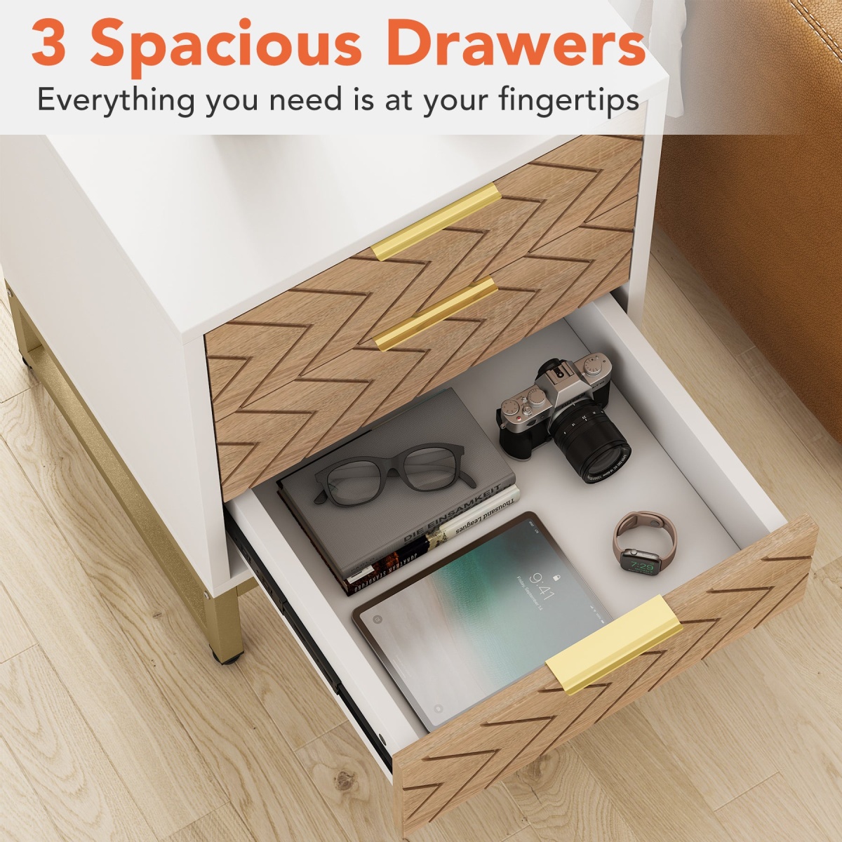 Nigntstand, Modern Bedside Table with 3 Drawers - Image 5