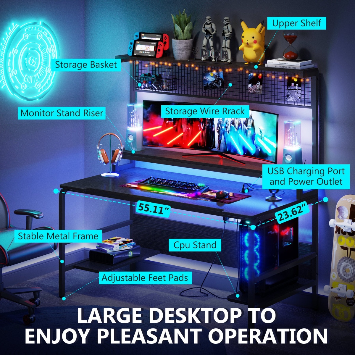 Gaming Desk with 2-Outlet & 2 USB Ports, Computer Desk with Monitor Stand - Image 7
