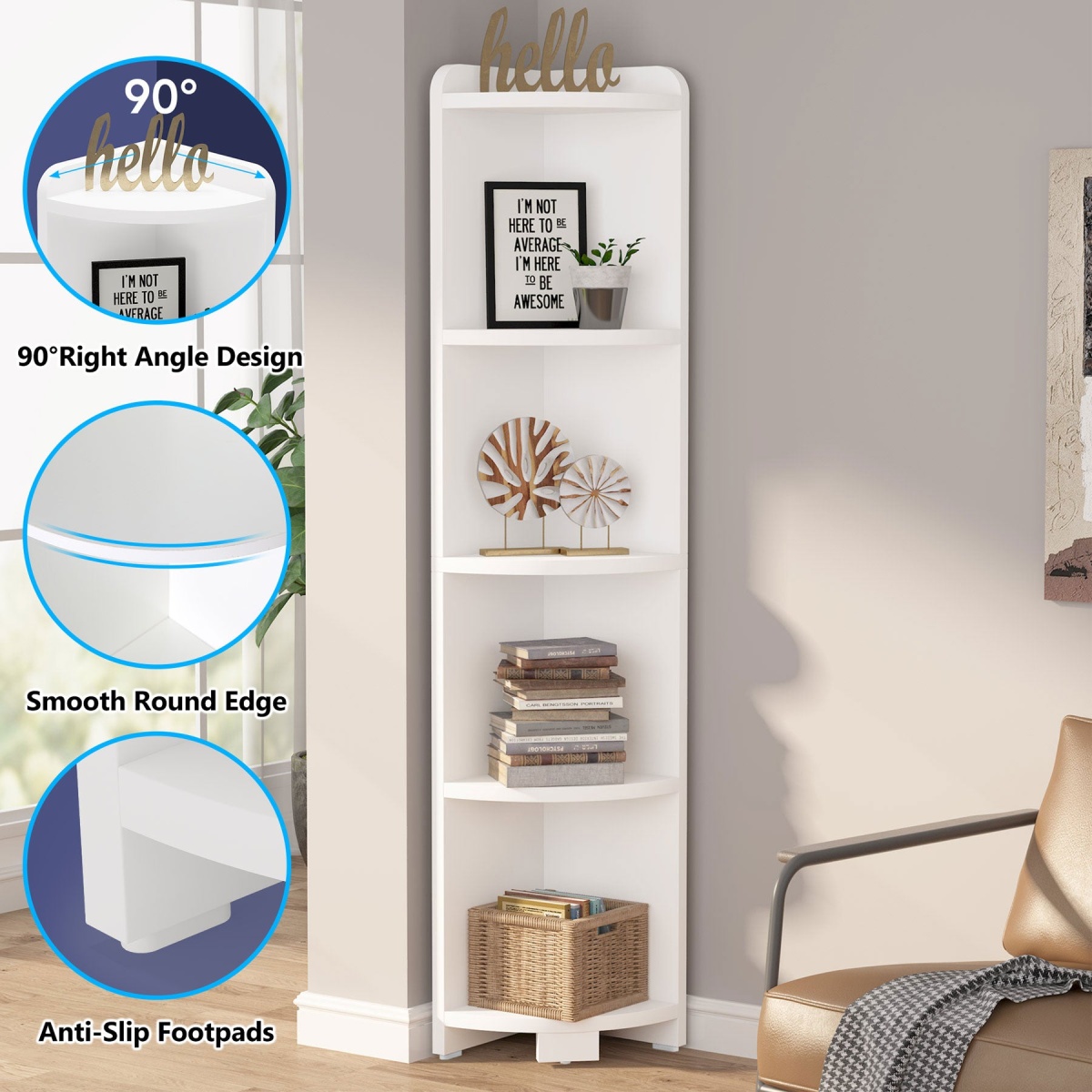Corner Shelf, 5 Tier Wood Wall Corner Bookshelf Storage Rack - Image 8