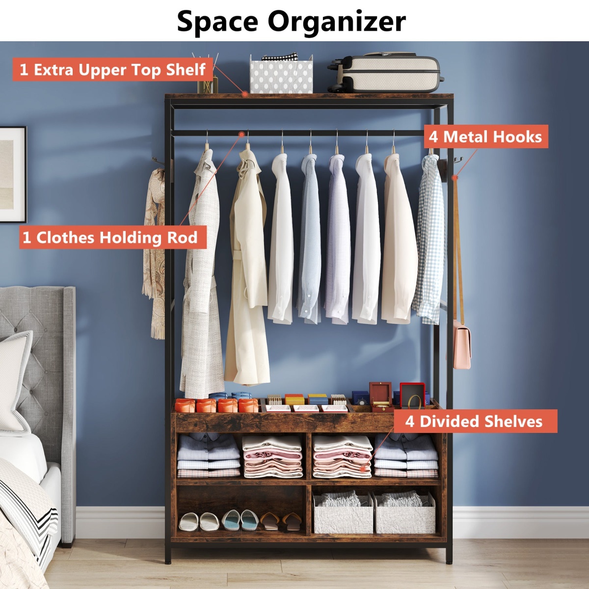 Coat Rack, Entryway Hall Tree Garment Rack with Shoe Storage - Image 6