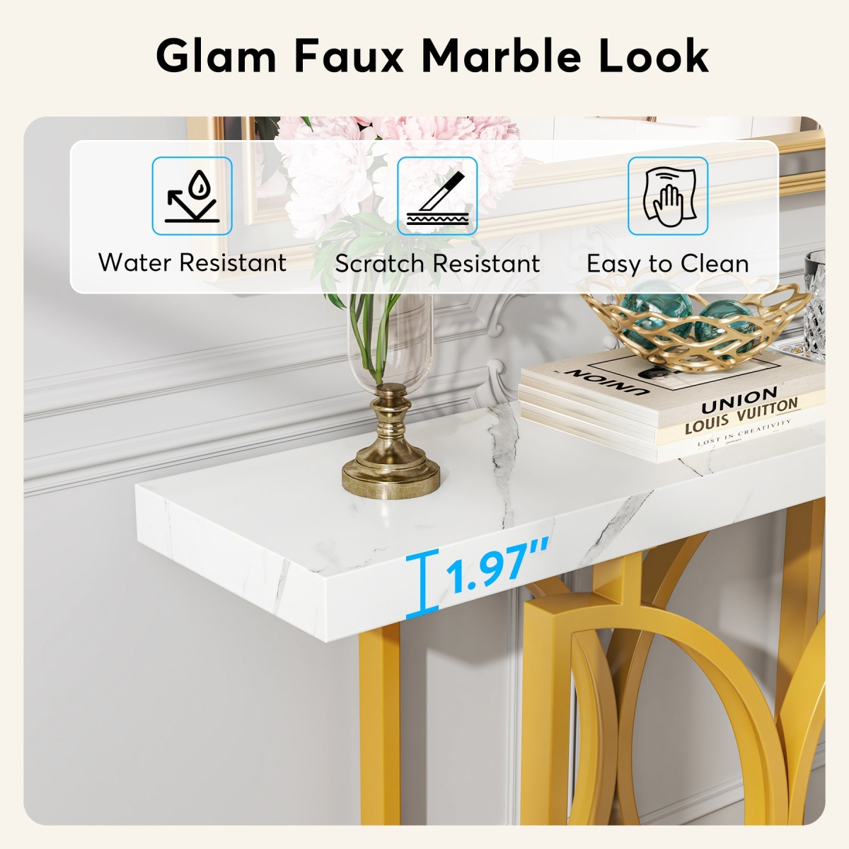 Console Table, Faux Marble Sofa Table with Double D-Shaped Metal Base - Image 6
