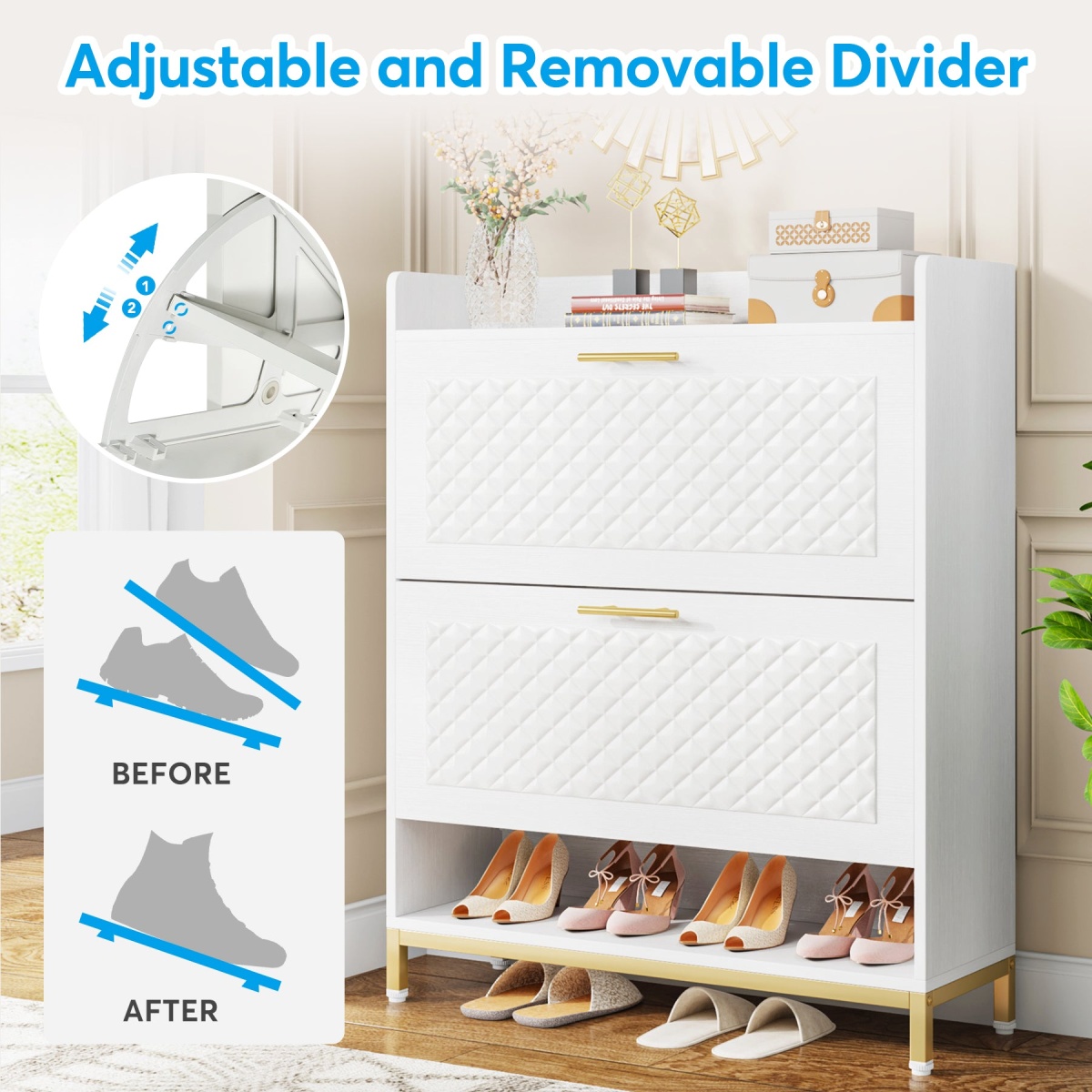 Shoe Cabinet, Freestanding Shoe Organizer with 2 Flip Drawers & Open Shelf - Image 5