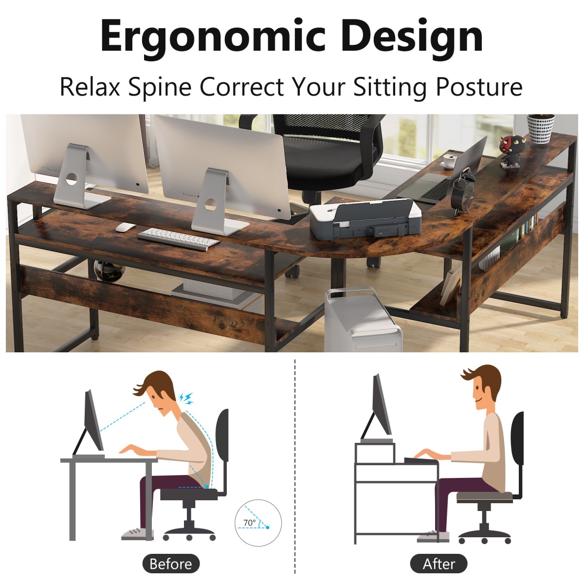 L-Shaped Desk, Corner Computer Desk with Monitor Riser - Image 7