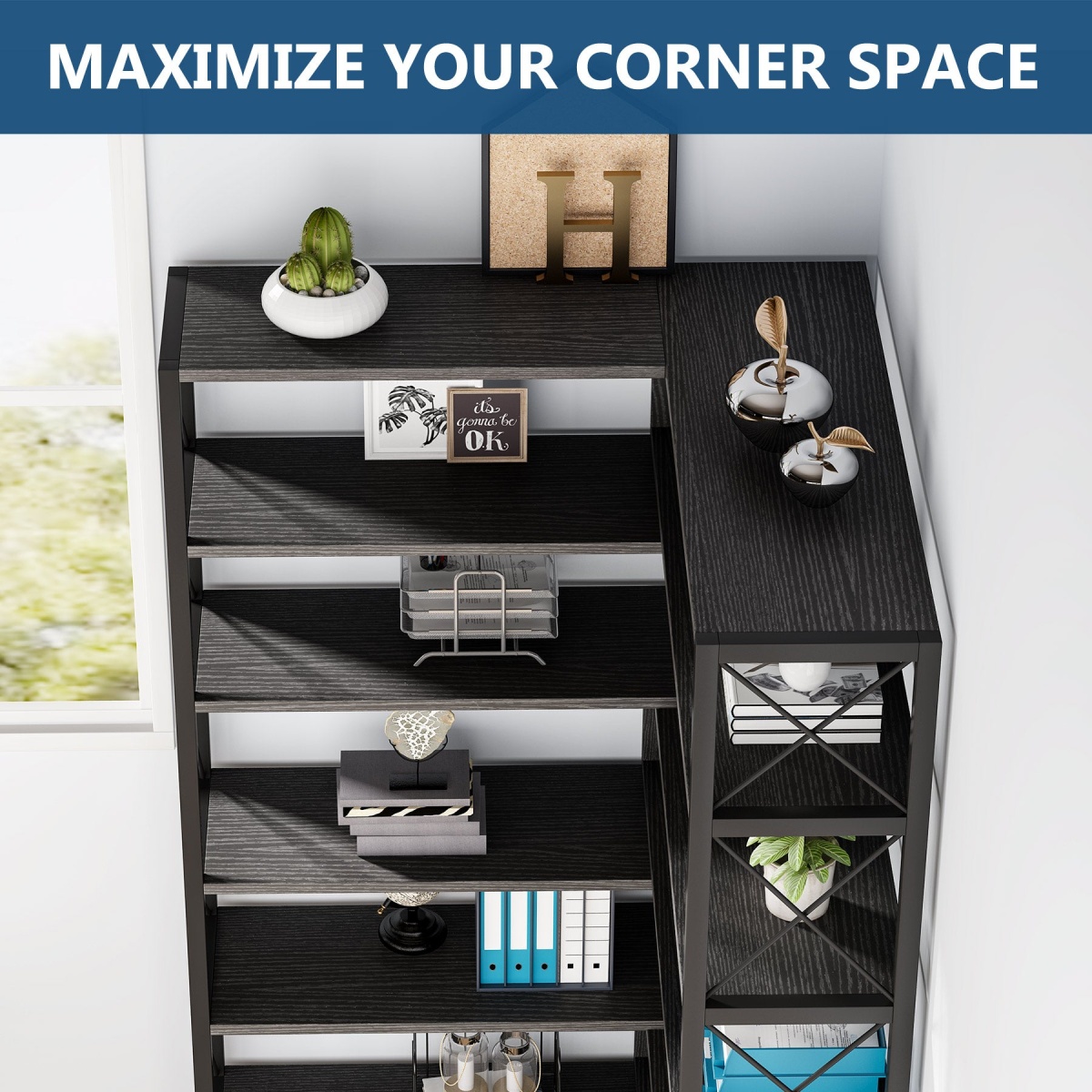 Corner Bookshelf, 6-Tier Bookcase Corner Storage Display Stand - Image 8