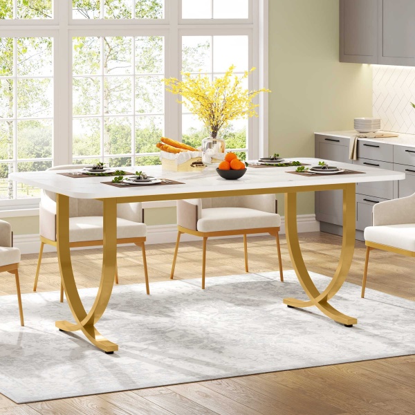 Dining Table, 63? Modern Kitchen Table with Faux Marble Table Top