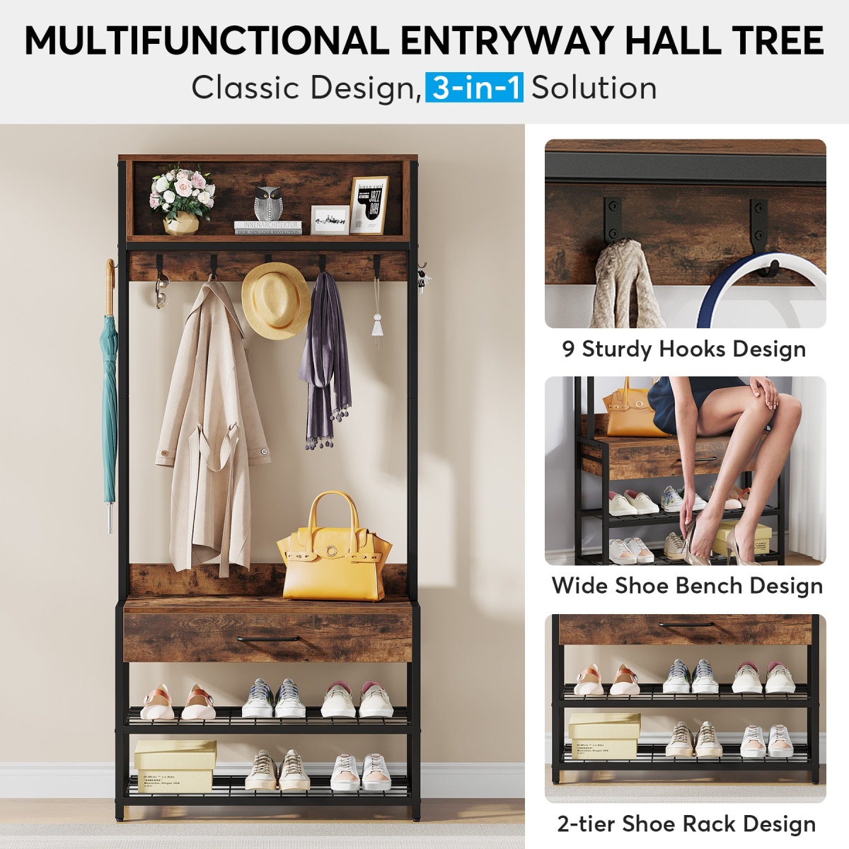 Coat Rack Shoe Bench, Entryway Hall Tree with Drawer & Hooks - Image 7