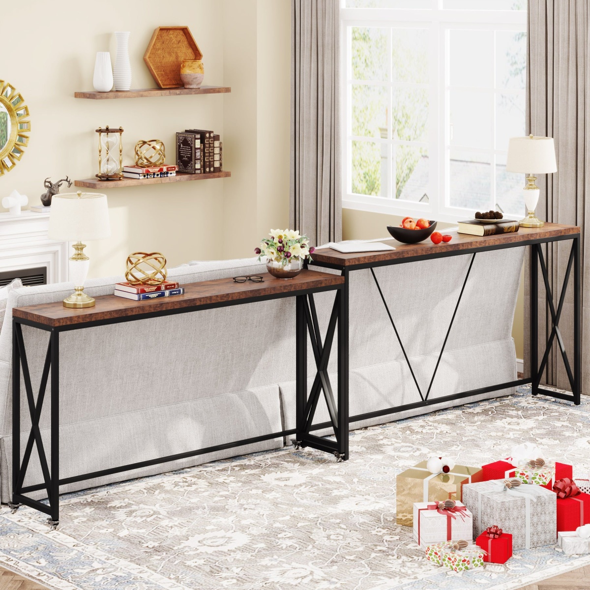 Console Table Set of 2, Narrow Long Sofa Table with Wheels - Image 4