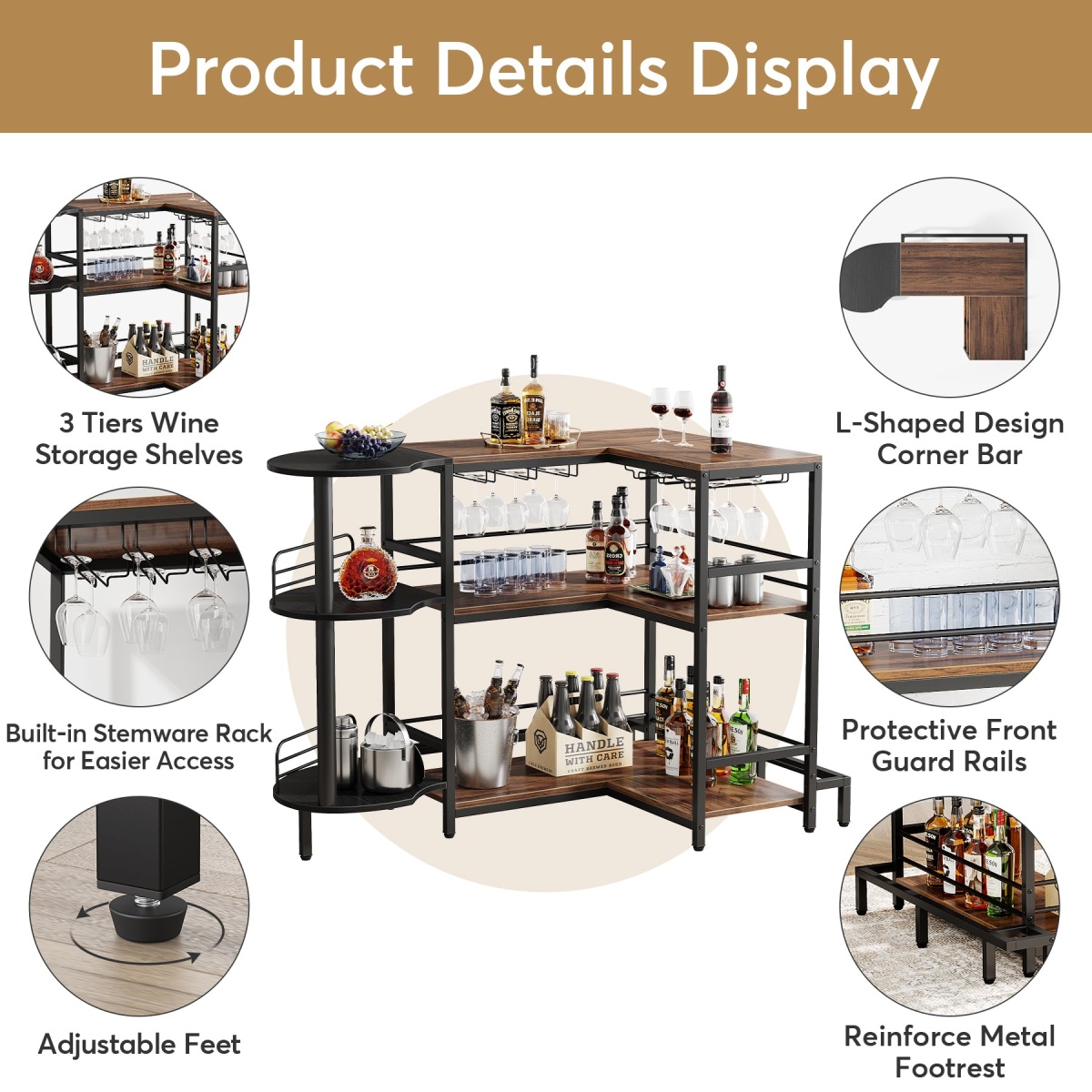 Home Bar Unit, 3-Tier L-Shaped Liquor Bar Table with Glass Holders - Image 7