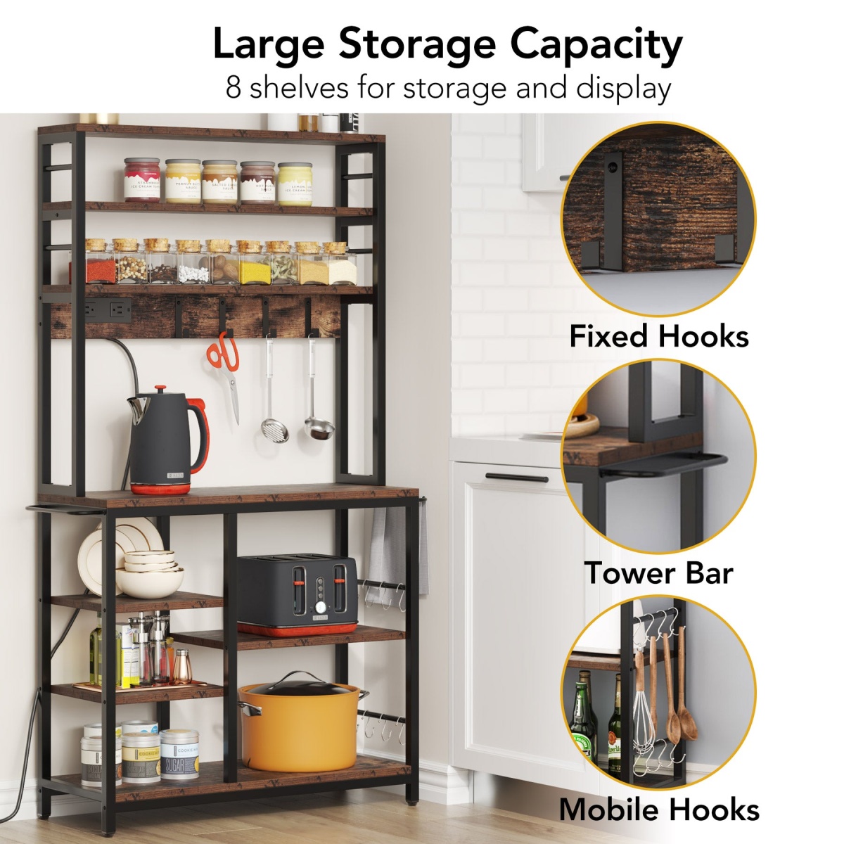 8-Tier Kitchen Baker?s Rack with Power Outlet & Hooks - Image 7