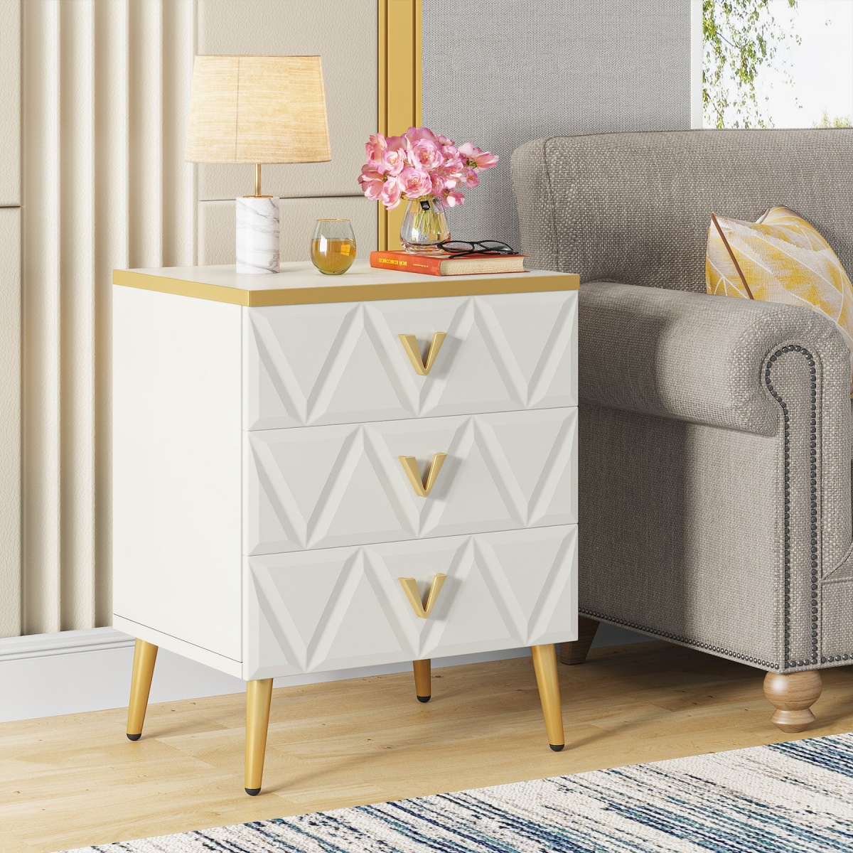 Nightstand, Modern Wooden Bedside Table with Three Drawers - Image 4