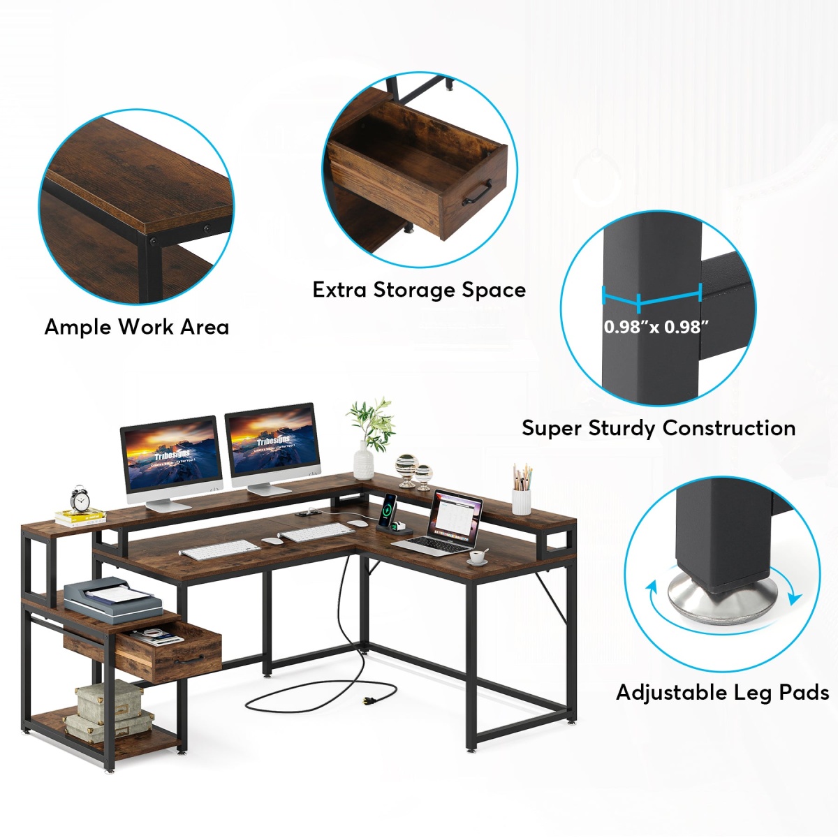 L-Shaped Desk, Corner Desk with Power Outlets, Monitor Stand & Drawer - Image 5