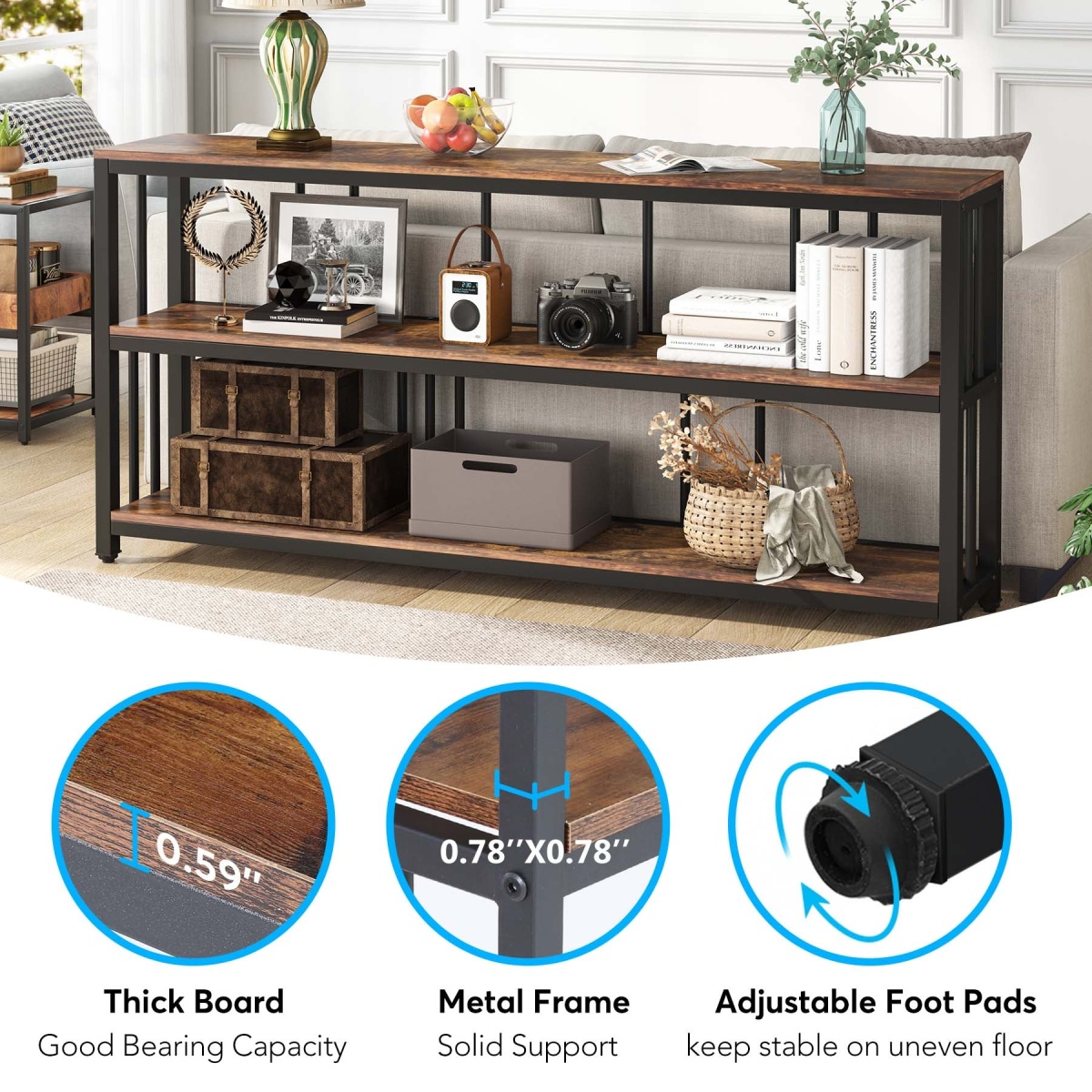 Console Table, 70.9? Sofa Table, 3 Tiers Narrow Long Sofa Table - Image 8