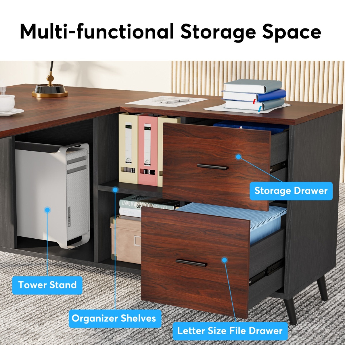 Executive Desk, 87? L-Shaped Computer Desk with 51? File Cabinet - Image 7
