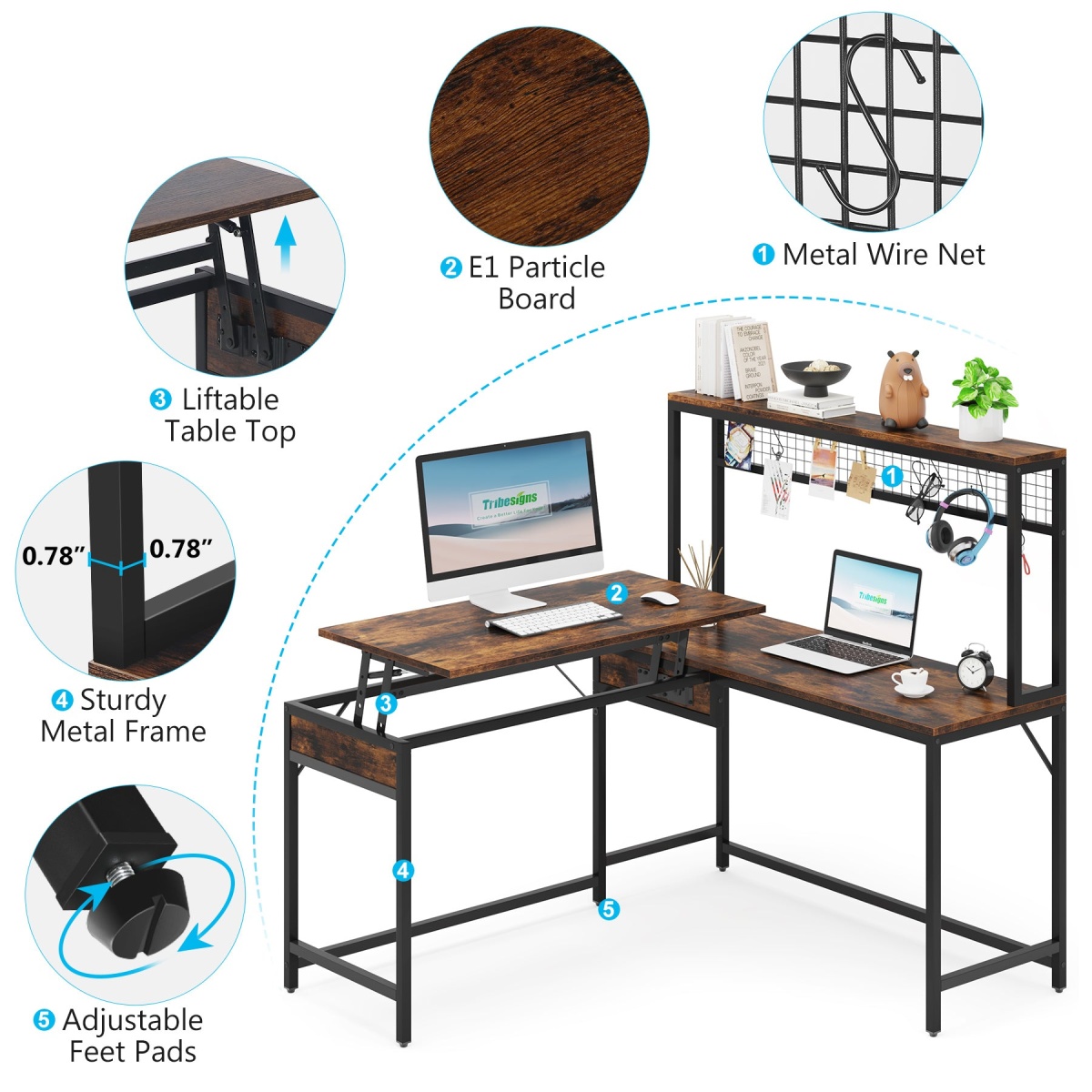 Lift Top L-Shaped Desk, Corner Height Adjustable Desk with Hutch - Image 8