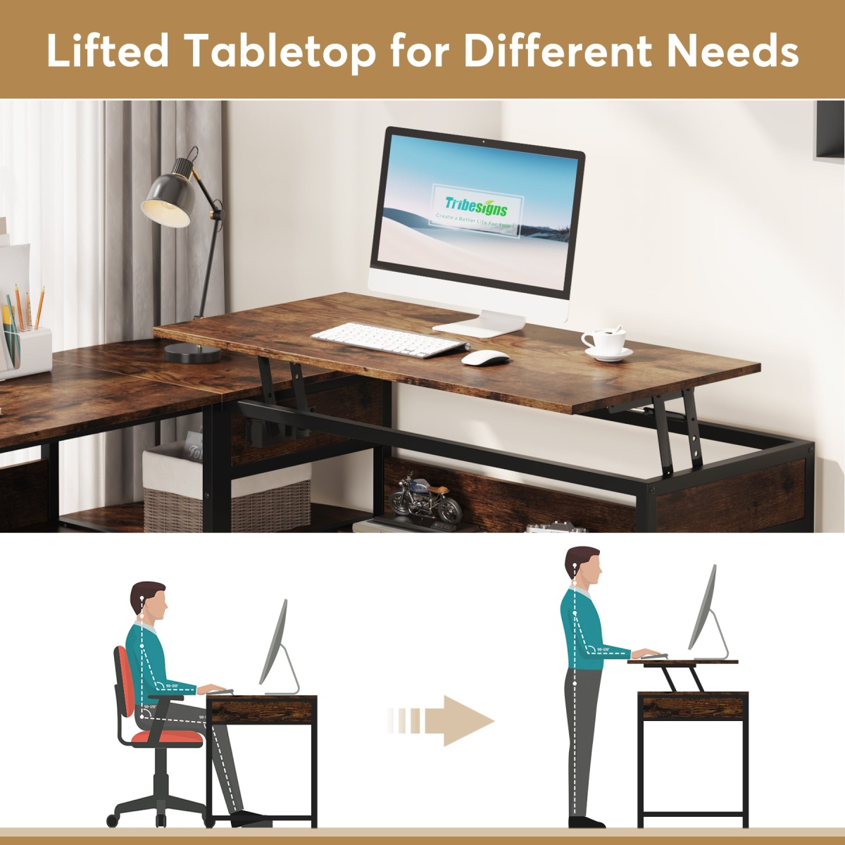 Lift Top L-Shaped Desk, Corner Computer Desk with Storage Shelves - Image 7