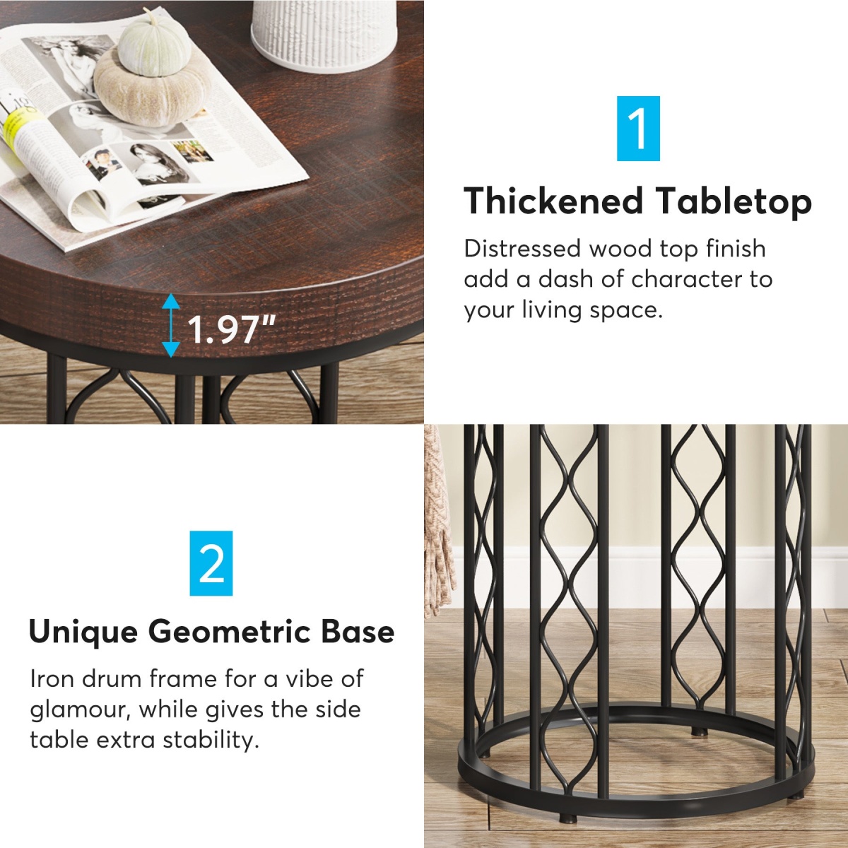 End Table, Round Side Table Nightstand with Metal Frame - Image 7