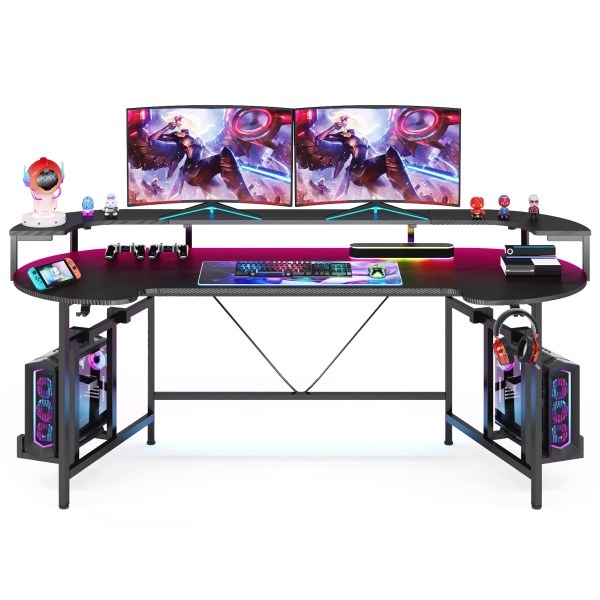 Gaming Desk, 75? Computer Desk with LED Strip & Monitor Shelf