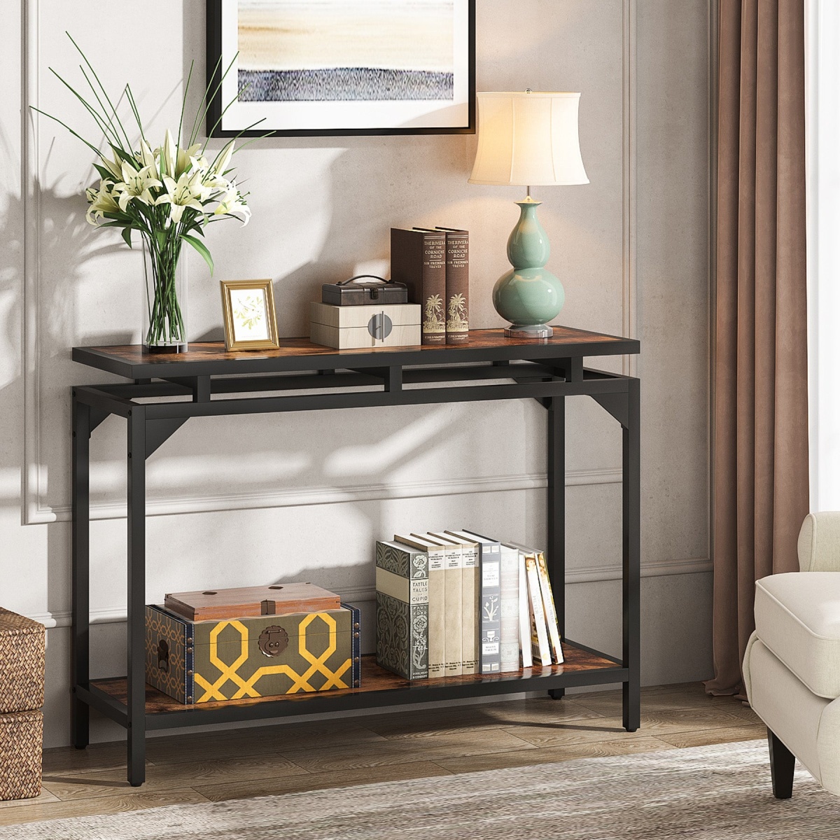 Console Table, 40? Entryway Sofa Table with 2 Tier Storage Shelf - Image 9