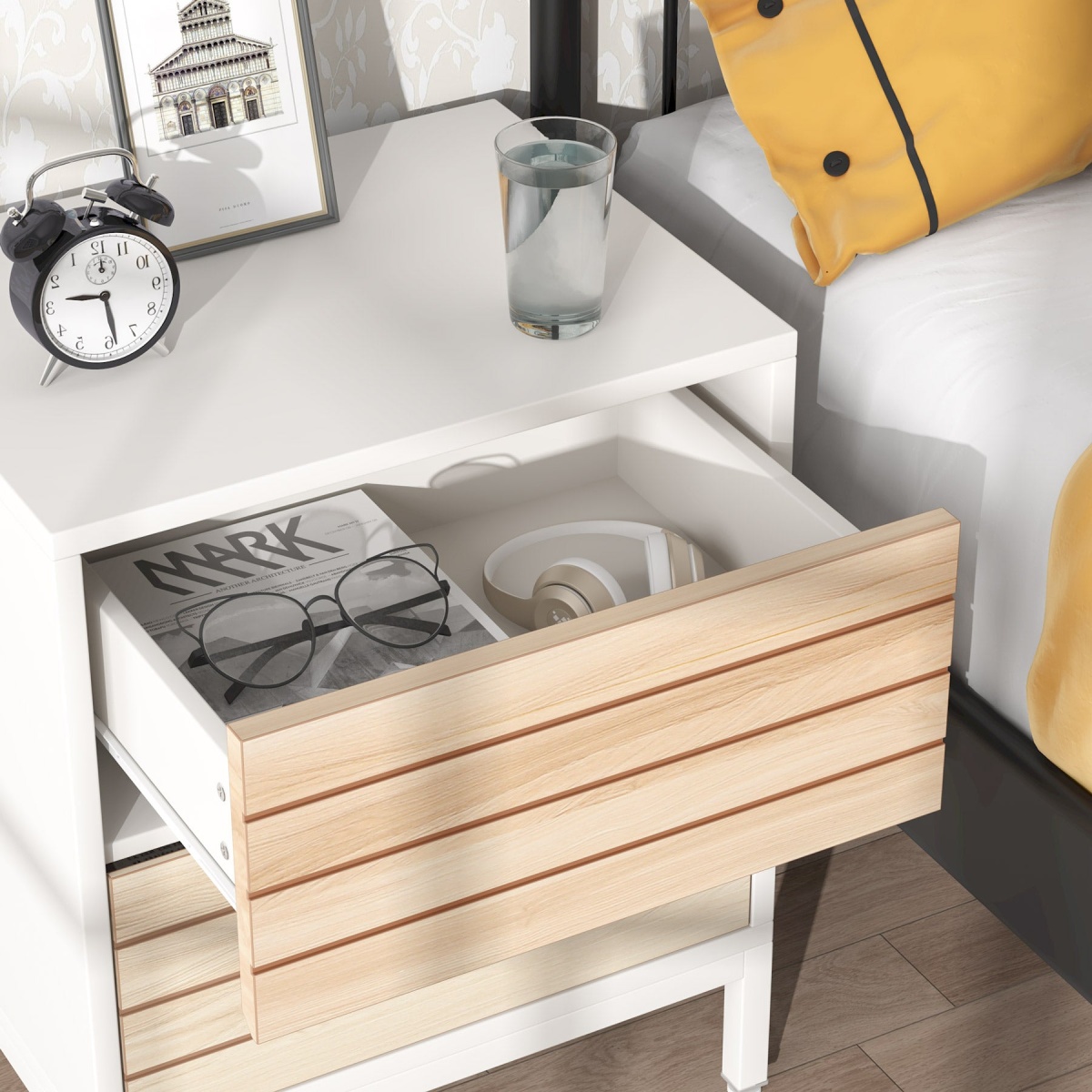 Nightstand, Wood End Table Bedside Table with 2-Drawer - Image 7