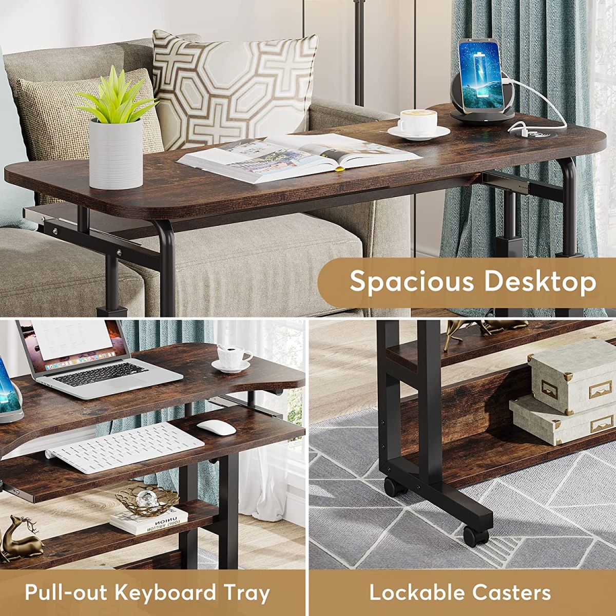 Height Adjustable Desk, Mobile Portable Desk with Wireless Charging Station - Image 7