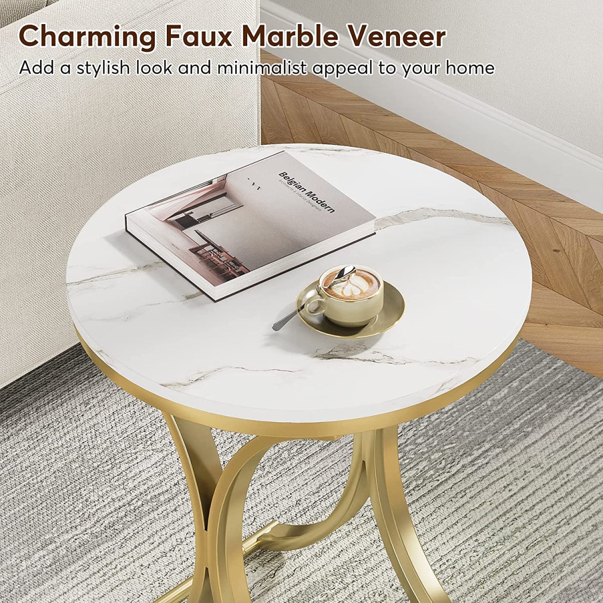 End Table, Round Sofa Side Table Coffee Table with Gold Metal Frame - Image 6