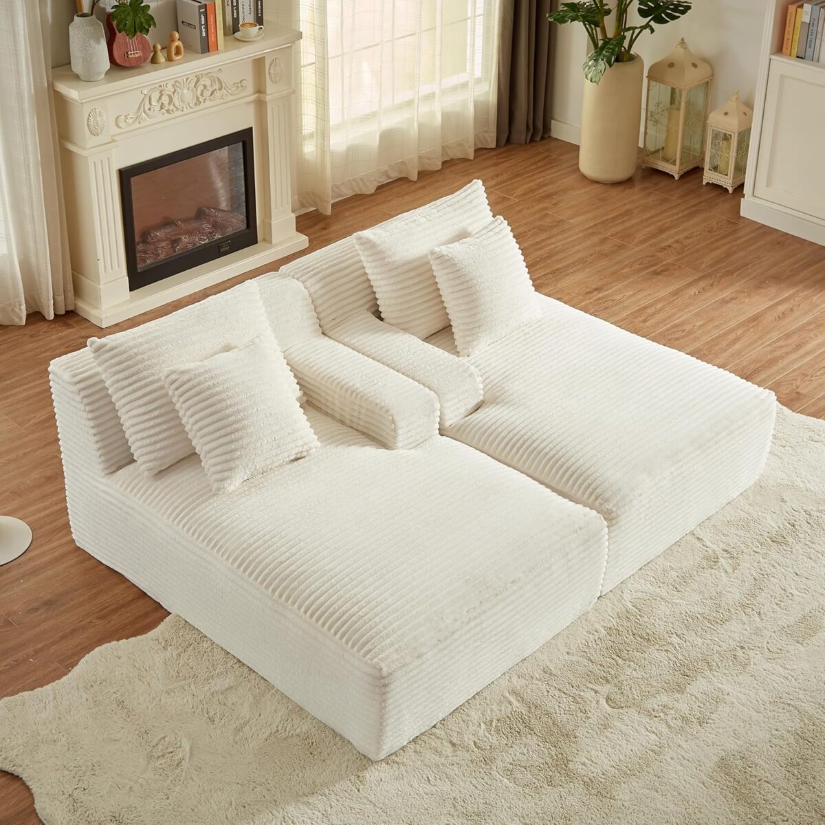 Oversized Double Chaise Lounge Loveseat Cozy Cloud Couch, Fluffy Corduroy Upholstered Sleeper Sectional Sofa Lounger Daybed with Throw Pillows and Wide Armrest for Living Room, No Assembly Required - Image 5