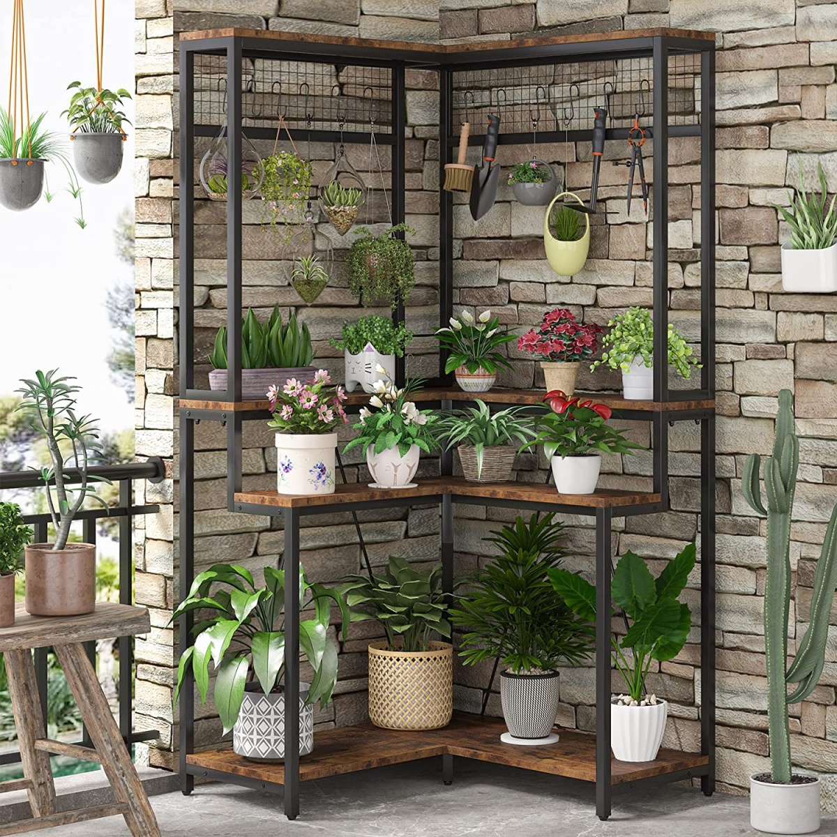 Corner Plant Stand, 67? Tall Flower Shelf with 15 Hanging Hooks - Image 4