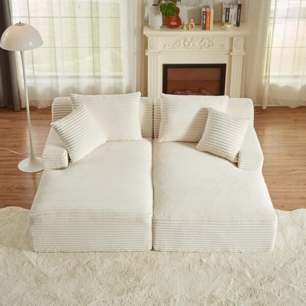 Oversized Double Chaise Lounge Loveseat Cozy Cloud Couch, Fluffy Corduroy Upholstered Sleeper Sectional Sofa Lounger Daybed with Throw Pillows and Wide Armrest for Living Room, No Assembly Required