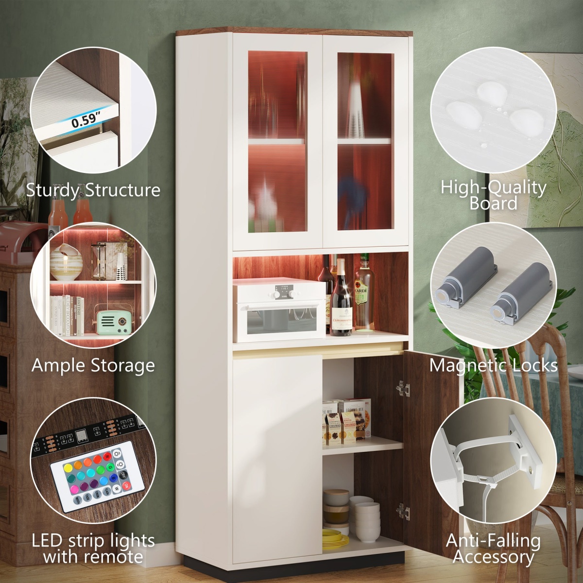 Bookcase, 71? Bookshelf Storage Cabinet with LED Light & Doors - Image 6