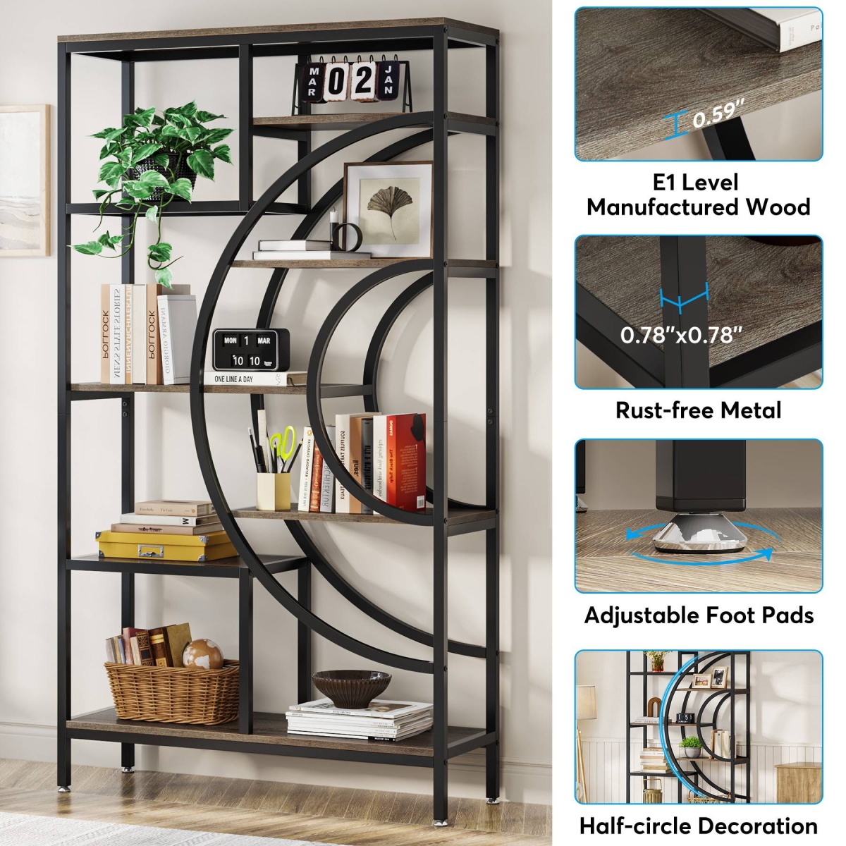 Bookshelf, 71? Geometric Bookcase, Industrial 8-Tiers Etagere Shelving Unit - Image 7